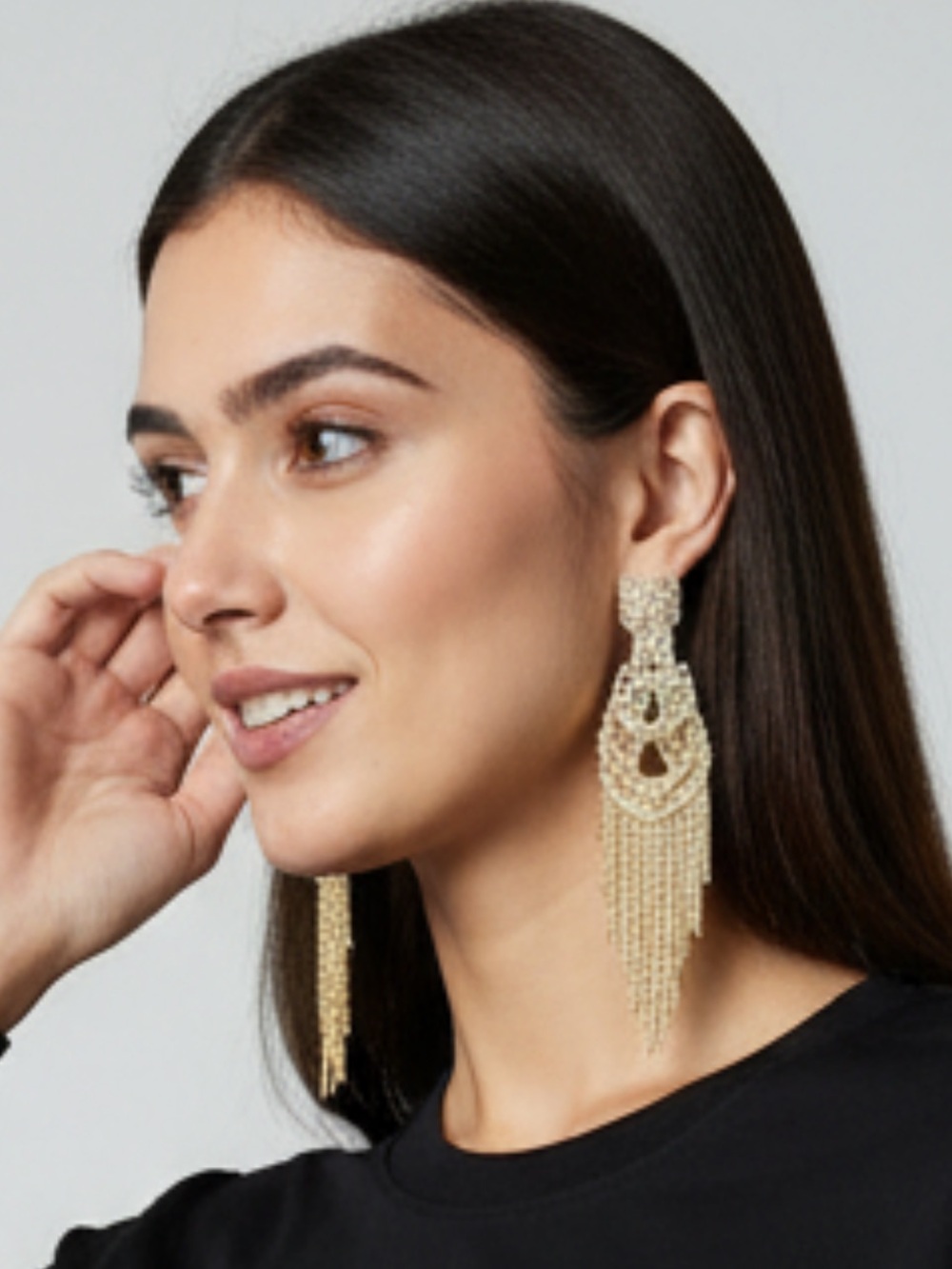 Gold Beaded Fringe Statement Earrings - Elegant Drop Design - Picture 3 of 5